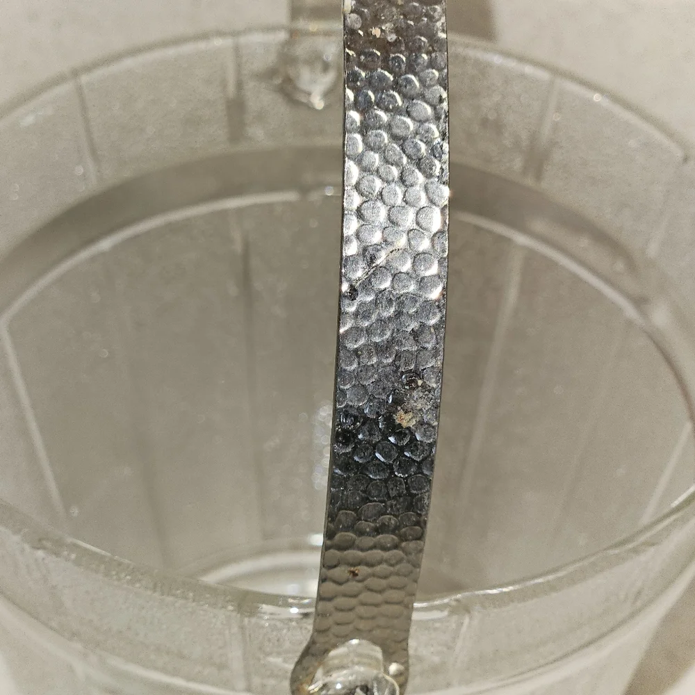 Vintage Anchor Hocking Ice Bucket Frosted Glass Hammered Metal Handle 1960’s